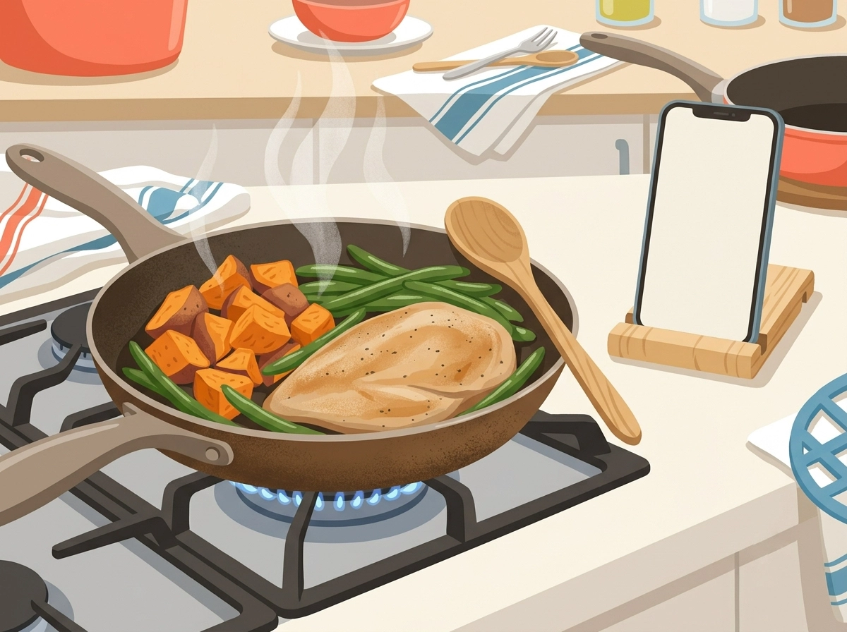 A simple chicken and vegetable meal cooking beside a phone on a kitchen stand