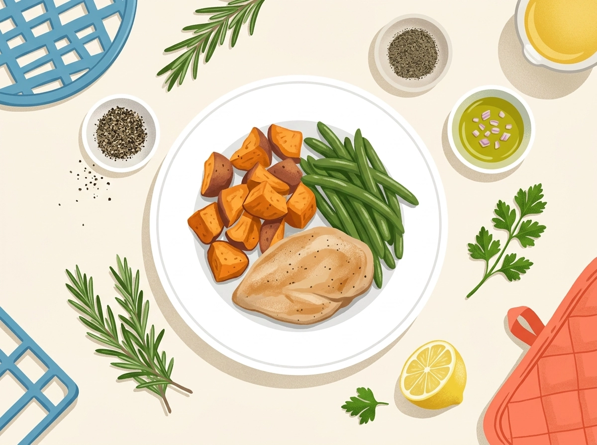 A homemade chicken and vegetable meal with lemon, herbs, and seasonings